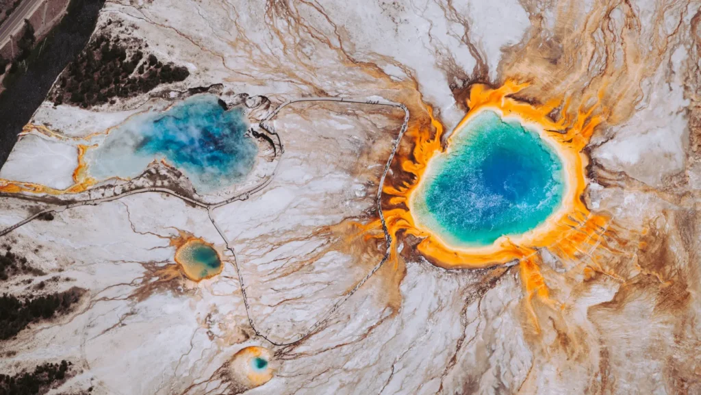 Aerial view of Yellowstone Hot Springs.